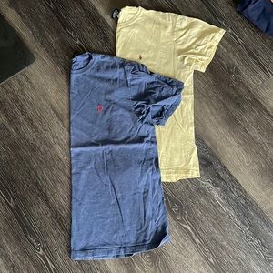 Two Polo by Ralph Lauren tshirts. One blue, one tan